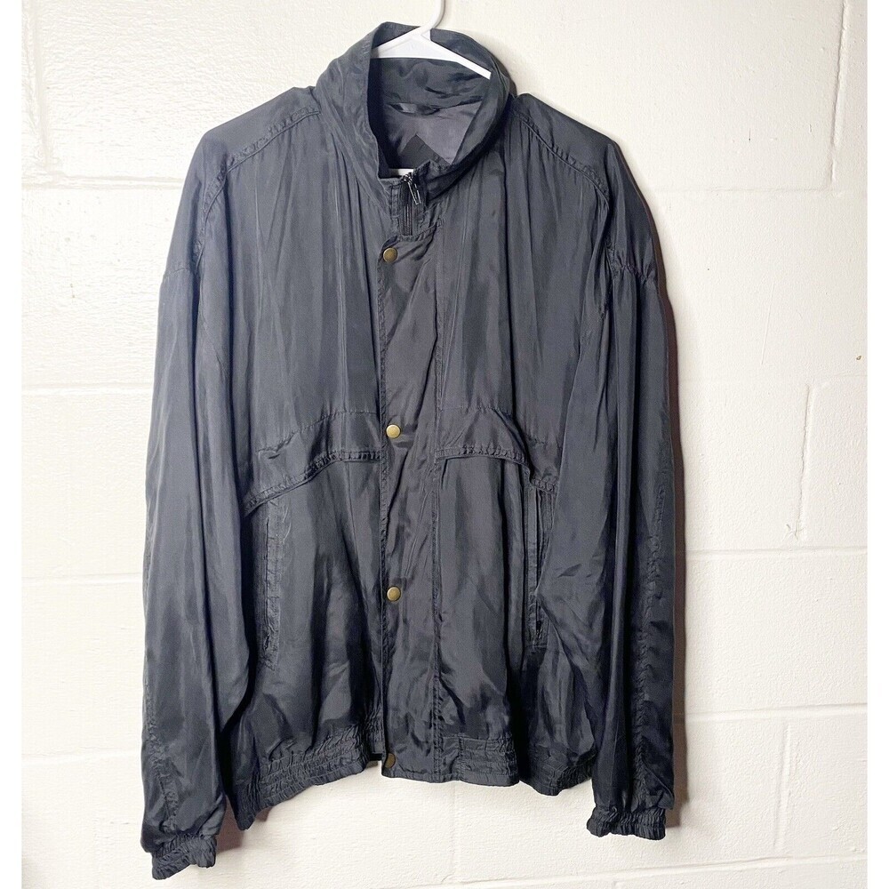 Montage Pour Homme Bomber Jacket 100% Silk Black Size XL Zip Front Vintage 90s